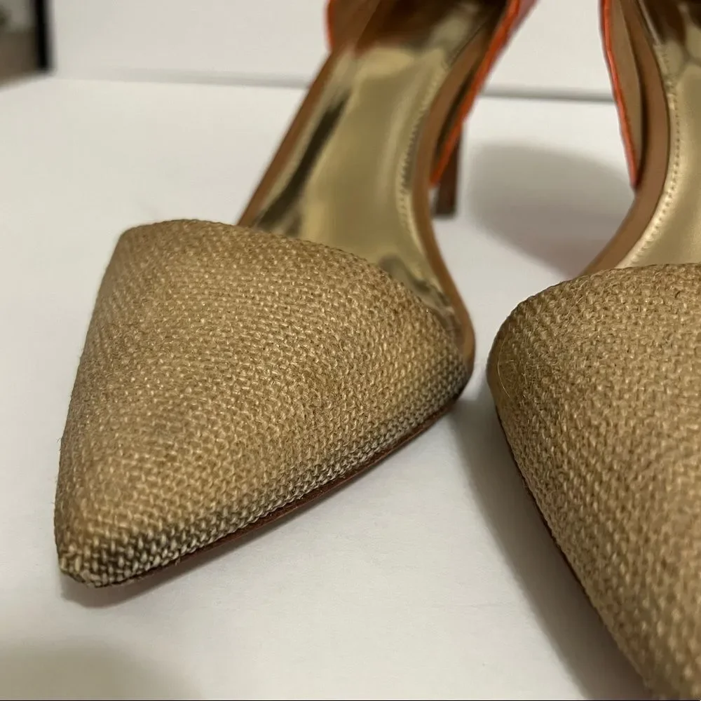 Coach Heels Pointed Toe Tan Burlap Orange Snakeskin Camille Q4508 Size 9.5 - Picture 7 of 14